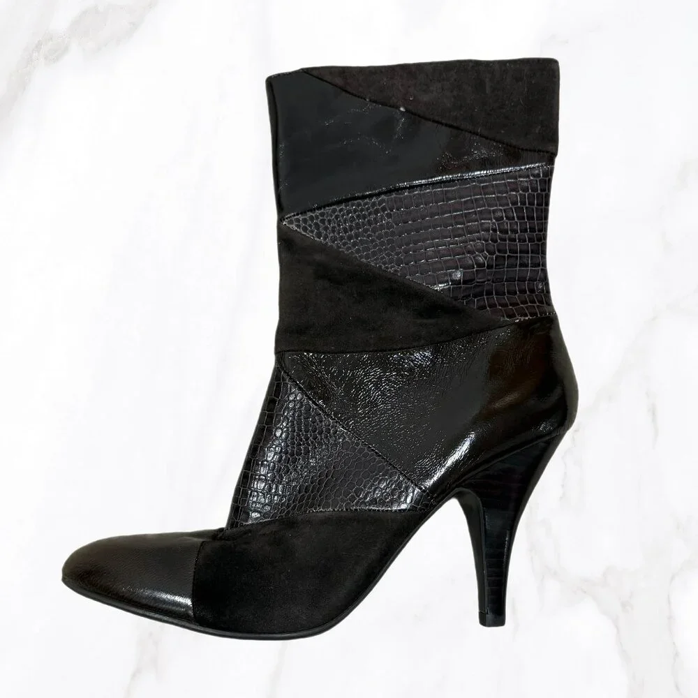 Nine West Women's Brown‎ Leather Patchwork Heeled Calf Booties, Size 7.5